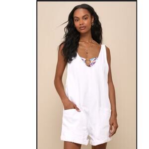 We The Free High Roller White Denim Shortalls Jumper Romper M